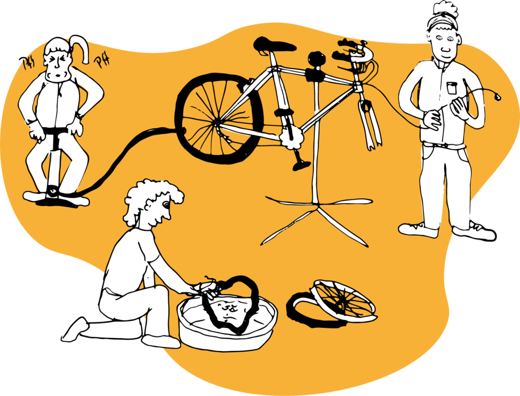 Dessin de trois personnes réparant un vélo